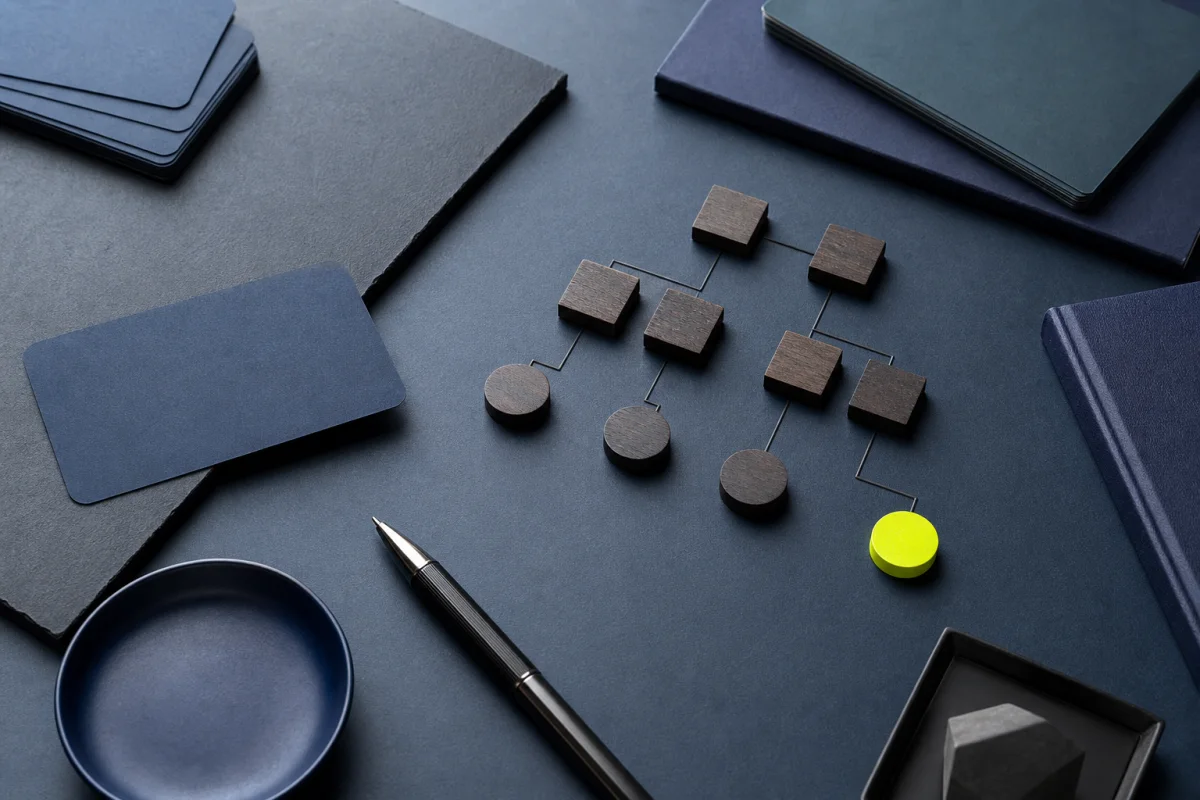 Strategiekarten, Stift und geometrische Entscheidungsstruktur auf einem dunklen Arbeitstisch